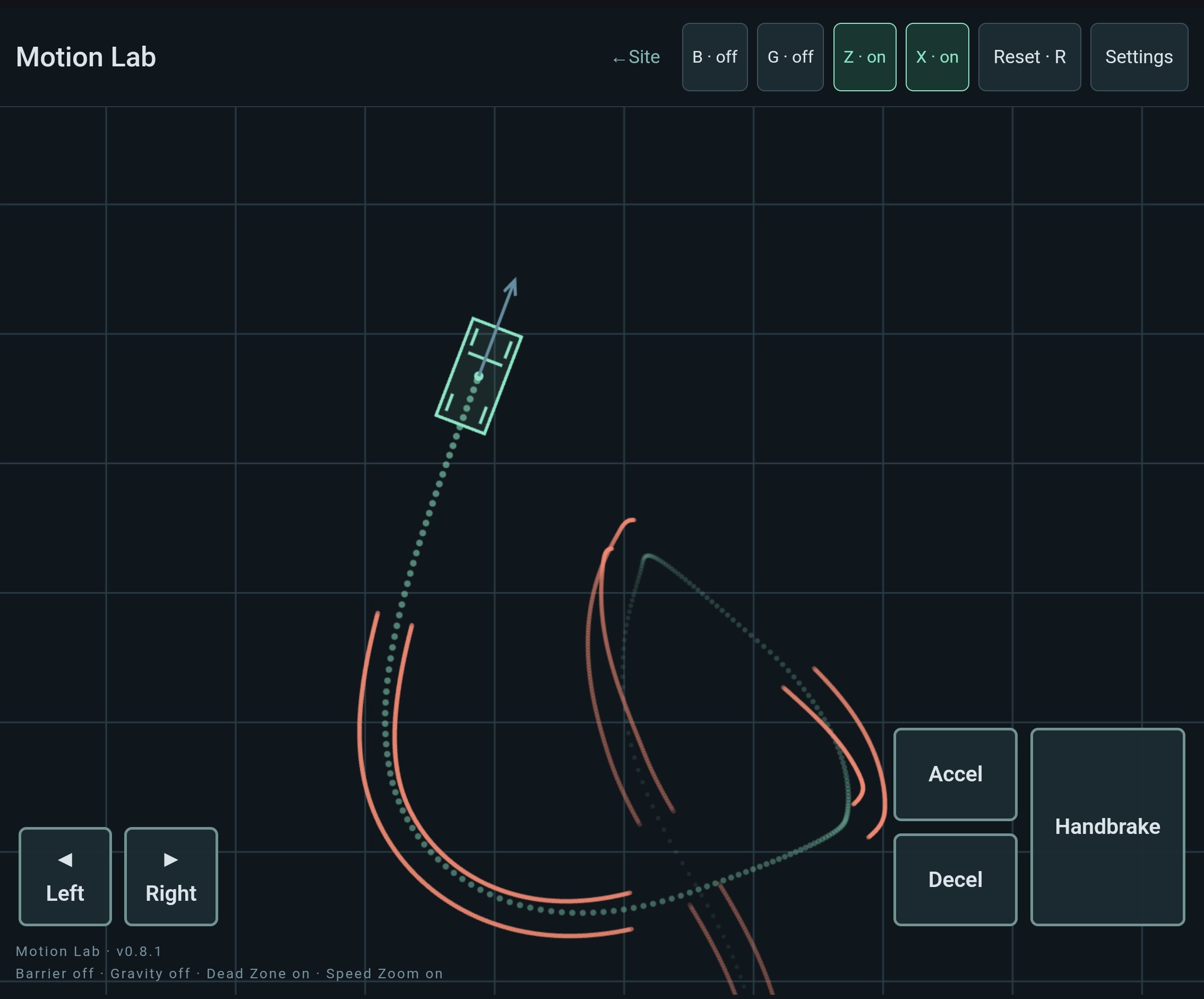 Play Motion Lab: a wireframe car leaving curved tyre trails across the simulation grid.