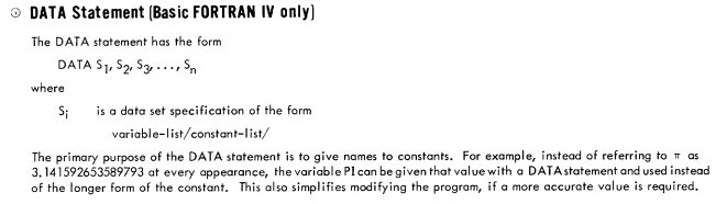 Extract from the 1970 FORTRAN manual explaining named constants and more accurate values of pi